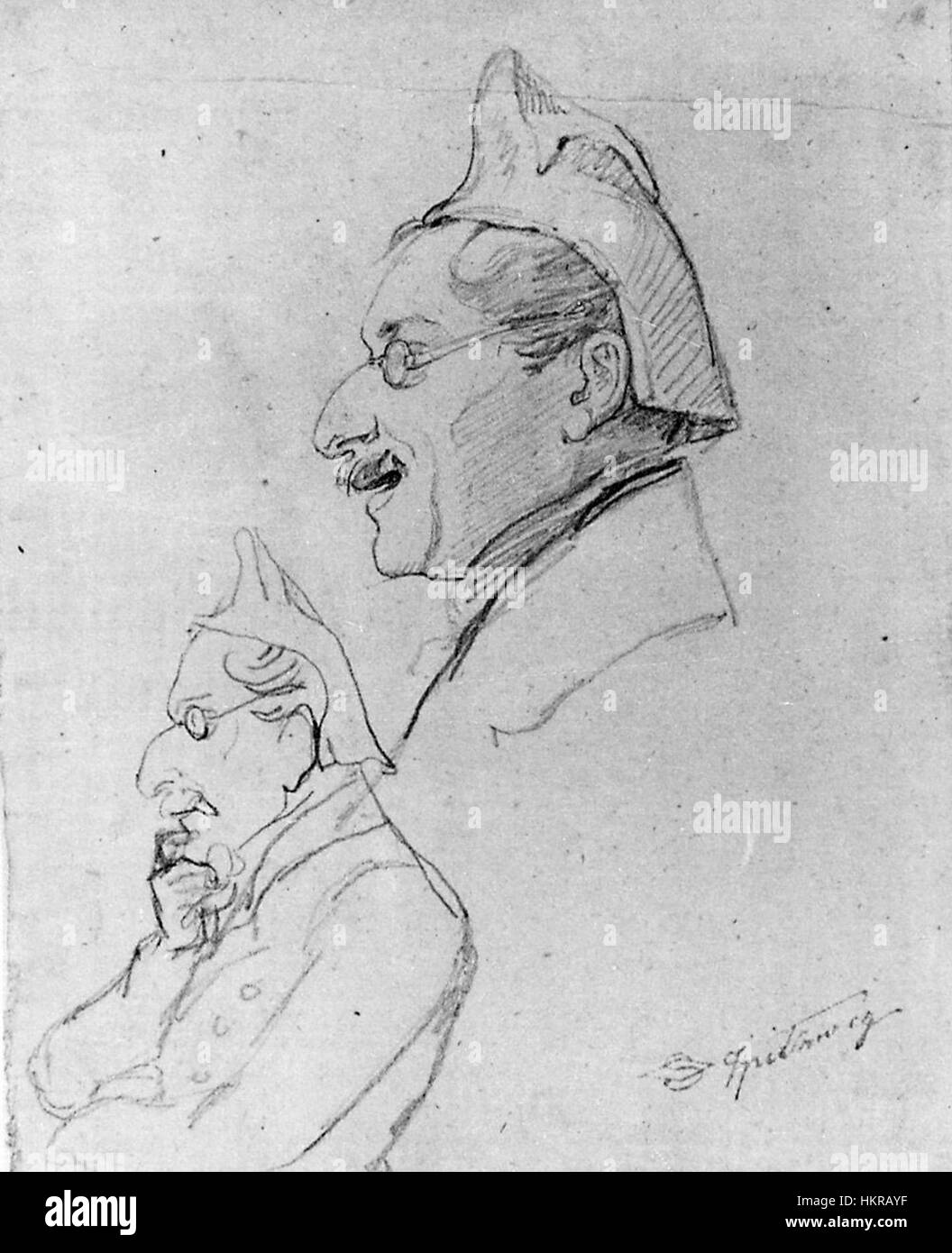 Il *Selbstbildnis* di Carl Spitzweg (Autoritratto) è un disegno che mostra la capacità dell'artista di catturare sia la sua somiglianza che il suo carattere interiore. Il pittore romantico tedesco enfatizza la semplicità e la profondità emotiva, rivelando molto sulla sua personalità artistica. Foto Stock