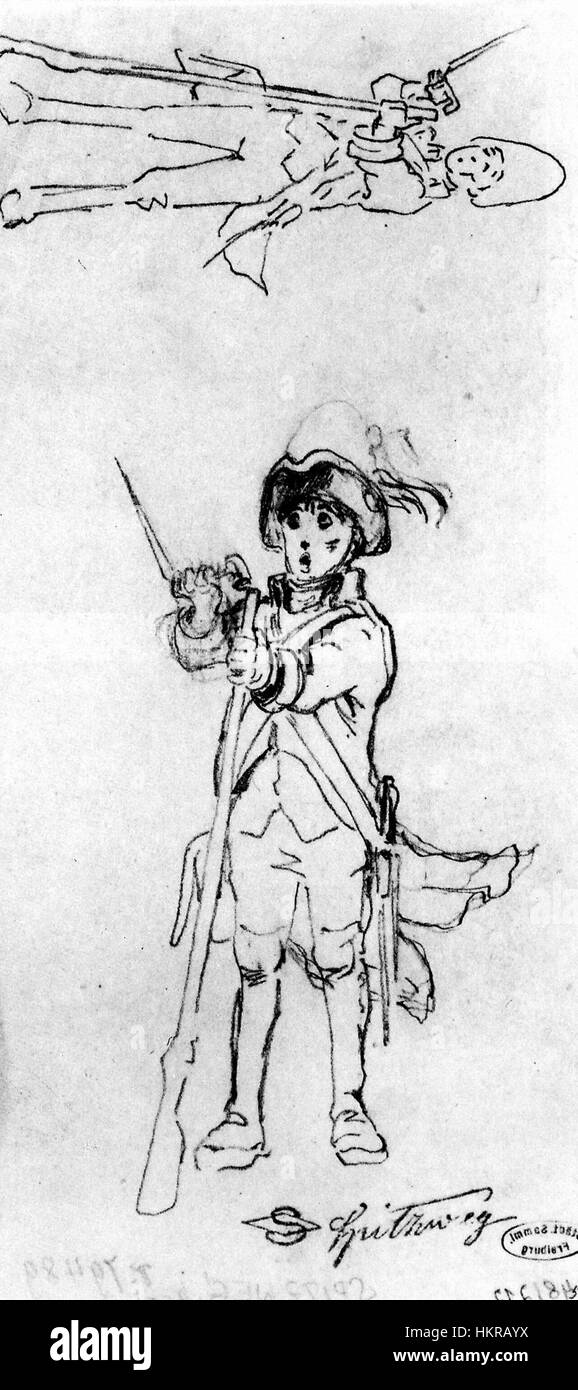 "Stehender Wachtposten mit aufgestelltem Gewehr" di Carl Spitzweg mostra un soldato tedesco in una posizione militare, incarnando i temi del dovere e della vigilanza. Il dipinto riflette l'attenzione di Spitzweg per i dettagli e la sua rappresentazione della vita militare durante il XIX secolo. Foto Stock