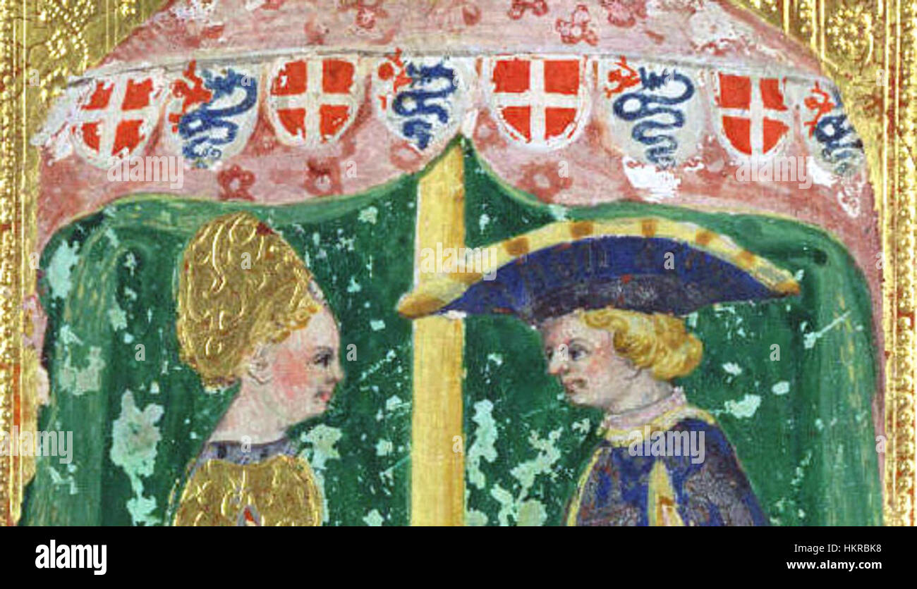 I Giovanotti, un'opera d'arte medievale del mazzo Cary-Yale, raffigura una scena romantica che simboleggia l'amore e l'unione, tipica del design storico e simbolico delle carte. Foto Stock