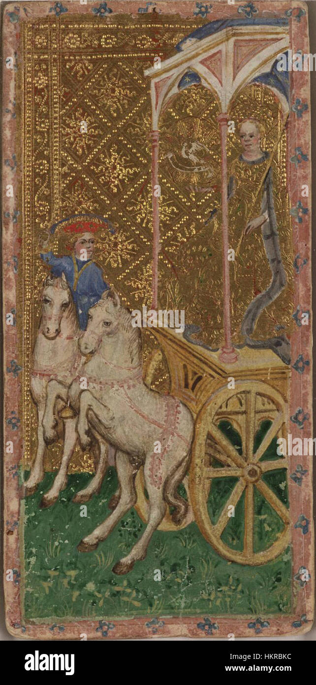 La carta "Carro" del mazzo di tarocchi Cary-Yale, che simboleggia vittoria e controllo, temi chiave nella divinazione con i tarocchi. Foto Stock