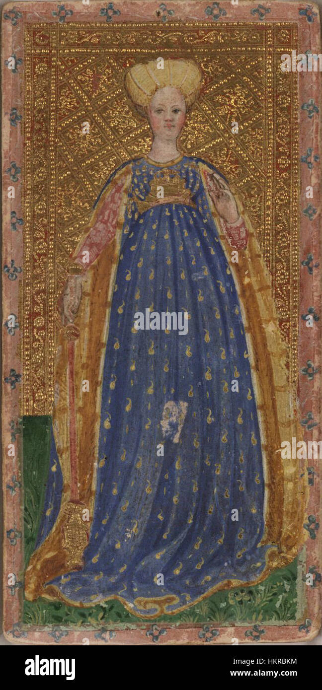 Il "Damsel of Staves" del ponte dei Tarocchi Cary-Yale rappresenta una figura giovane e dinamica che tiene in mano un bastone, simboleggiando crescita, ambizione e creatività. Questa immagine fa parte di uno dei più antichi ponti di tarocchi sopravvissuti, risalente all'inizio del XV secolo e ospitato presso la Galleria d'Arte dell'Università di Yale. Foto Stock