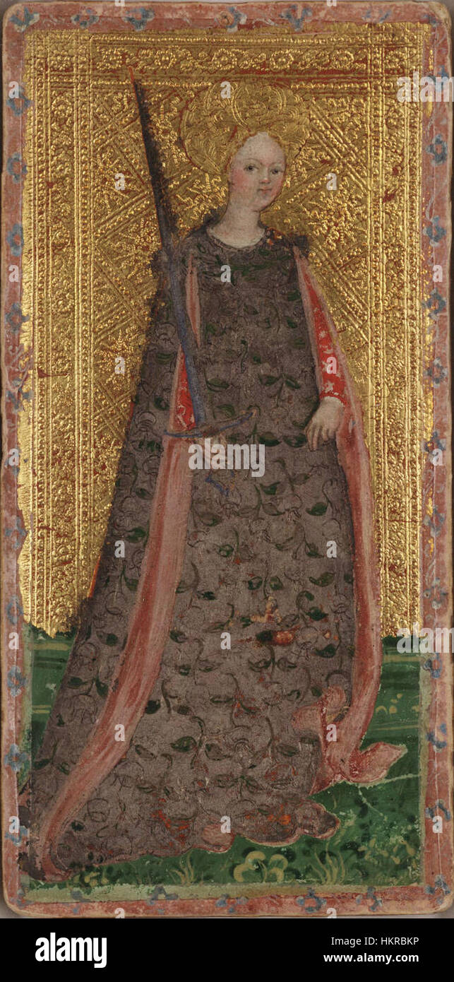 La 'Damsel of Swords' del mazzo di tarocchi Cary-Yale, una carta dei tarocchi del XV secolo con una giovane donna che impugna una spada, simboleggiante chiarezza, intelletto e decisione rapide. Foto Stock