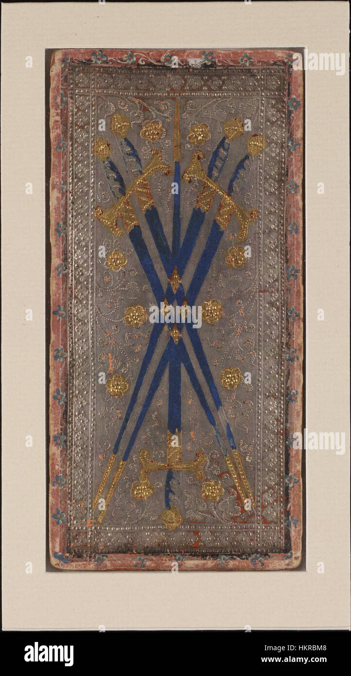 I Cinque di Spade dal mazzo di tarocchi Cary-Yale, una carta dei tarocchi del XV secolo che riflette i temi artistici e spirituali del periodo. Foto Stock