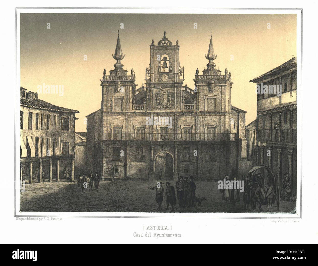 La "Casa del Ayuntamiento" di Astorga, dipinta nel 1855, mostra lo storico municipio in un ambiente rurale spagnolo. Il dipinto cattura le caratteristiche architettoniche e il paesaggio circostante, evidenziando il significato dell'edificio come centro della vita civica della città. La rappresentazione riflette anche le tecniche pittoriche spagnole del XIX secolo e il patrimonio culturale della regione. Foto Stock