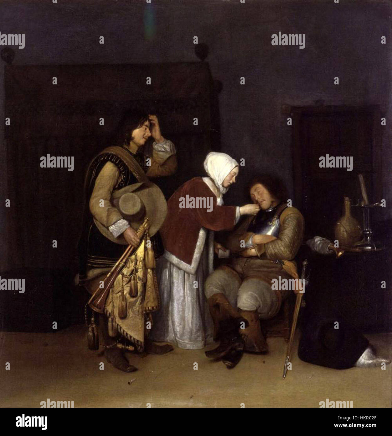 Questo dipinto di Caspar Netscher, intitolato "Interior with a Sleeping Soldier", raffigura una scena calma e intima di un soldato che riposa all'interno. Il pezzo riflette la capacità dell'artista di catturare momenti tranquilli, fornendo un'idea della vita domestica del XVII secolo. Foto Stock