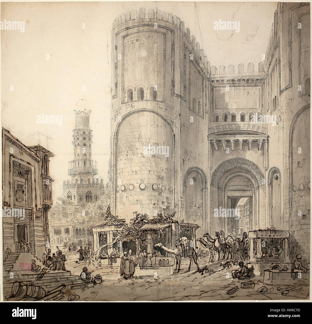 Il dipinto "Kairo" dell'artista Cassas raffigura una vivace scena della città egiziana, catturando l'architettura e la vivace attività del Cairo. L'opera d'arte, creata nel XVIII secolo, mostra l'abilità dell'artista nel ritrarre aspetti storici e culturali dell'Egitto, sottolineando il ricco patrimonio della città e il suo significato nel commercio e nella storia globale. Foto Stock