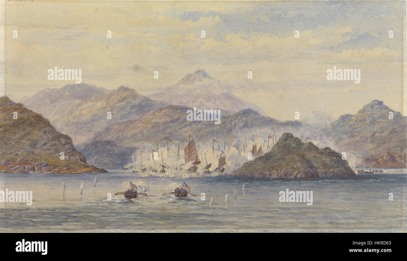 Questo dipinto cattura le barche che si avvicinano alle tradizionali giunche cinesi, un tipo di barca conosciuta per le sue grandi vele e il design distintivo. Le giunche sono state ampiamente utilizzate in Asia per secoli, e il dipinto illustra una scena di commercio marittimo o di trasporto, sottolineando il significato culturale e storico di queste navi. Foto Stock