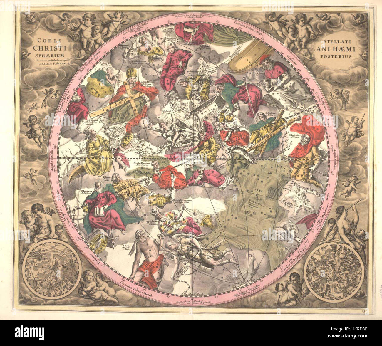 Questa opera d'arte, 'Cellarius Schiller 2', fa parte della collezione storica di mappe celesti, evidenziando le intricate e dettagliate rappresentazioni delle stelle e delle costellazioni viste durante il XVII secolo. La mappa mostra le prime osservazioni astronomiche e riflette il fascino del periodo per le stelle. Foto Stock