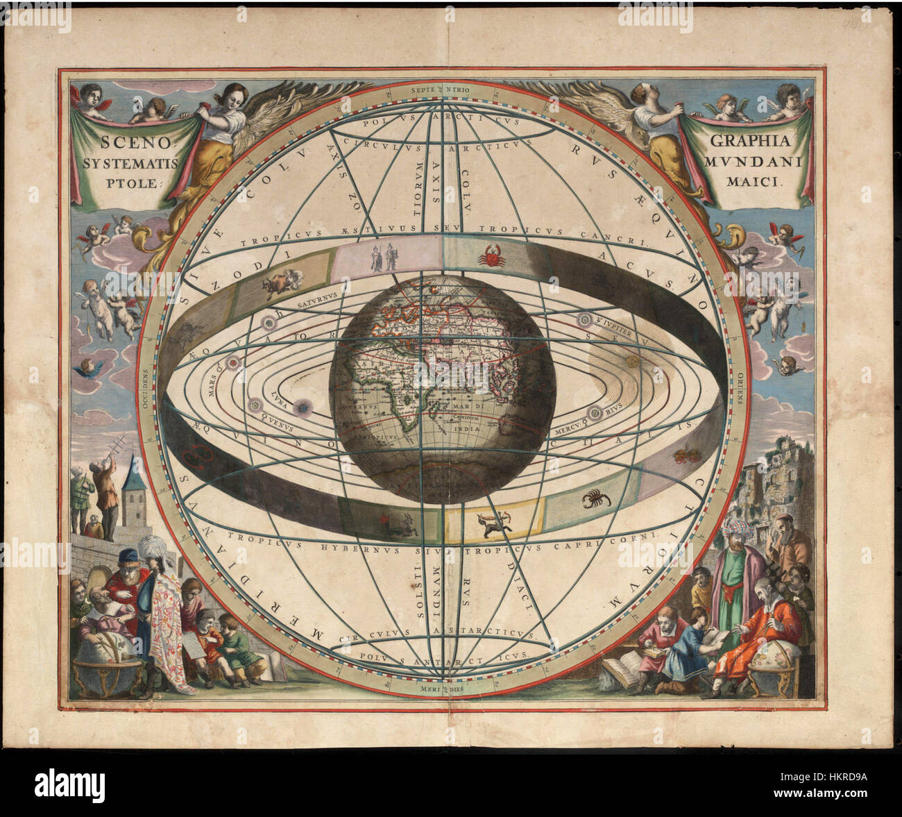 Questa opera illustra il sistema tolemaico, un modello dell'universo ampiamente accettato nei tempi antichi. Il pezzo rappresenta la teoria centrata sulla Terra, con corpi celesti disposti in orbite concentriche, che riflettono le credenze astronomiche dell'epoca. Foto Stock