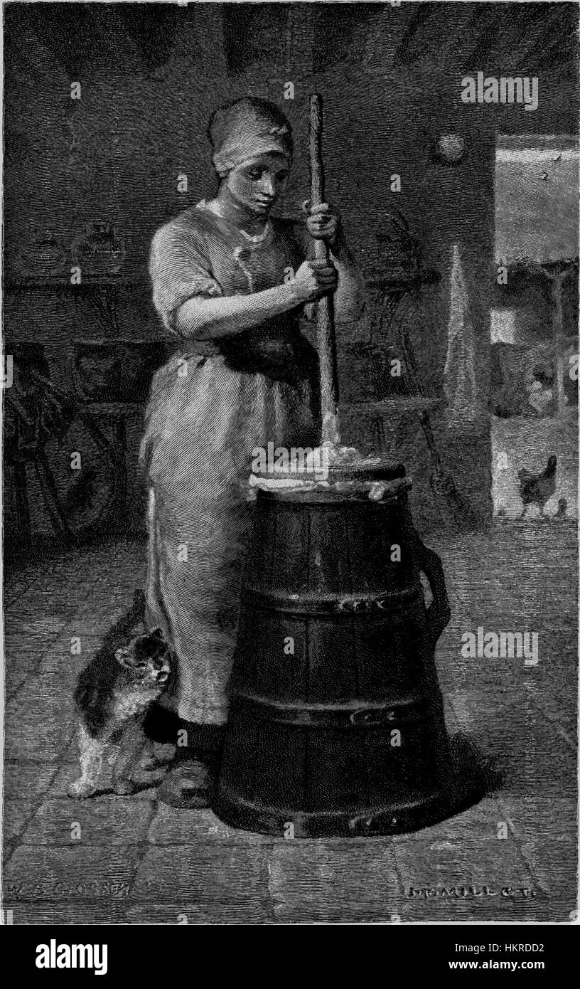 "The Churner" di Jean-Francois Millet ritrae una donna rurale che sbatte burro in un ambiente tradizionale di fattoria. Questa opera d'arte è un classico esempio dell'attenzione di Millet sulla vita quotidiana di contadini e lavoratori durante il XIX secolo. Foto Stock