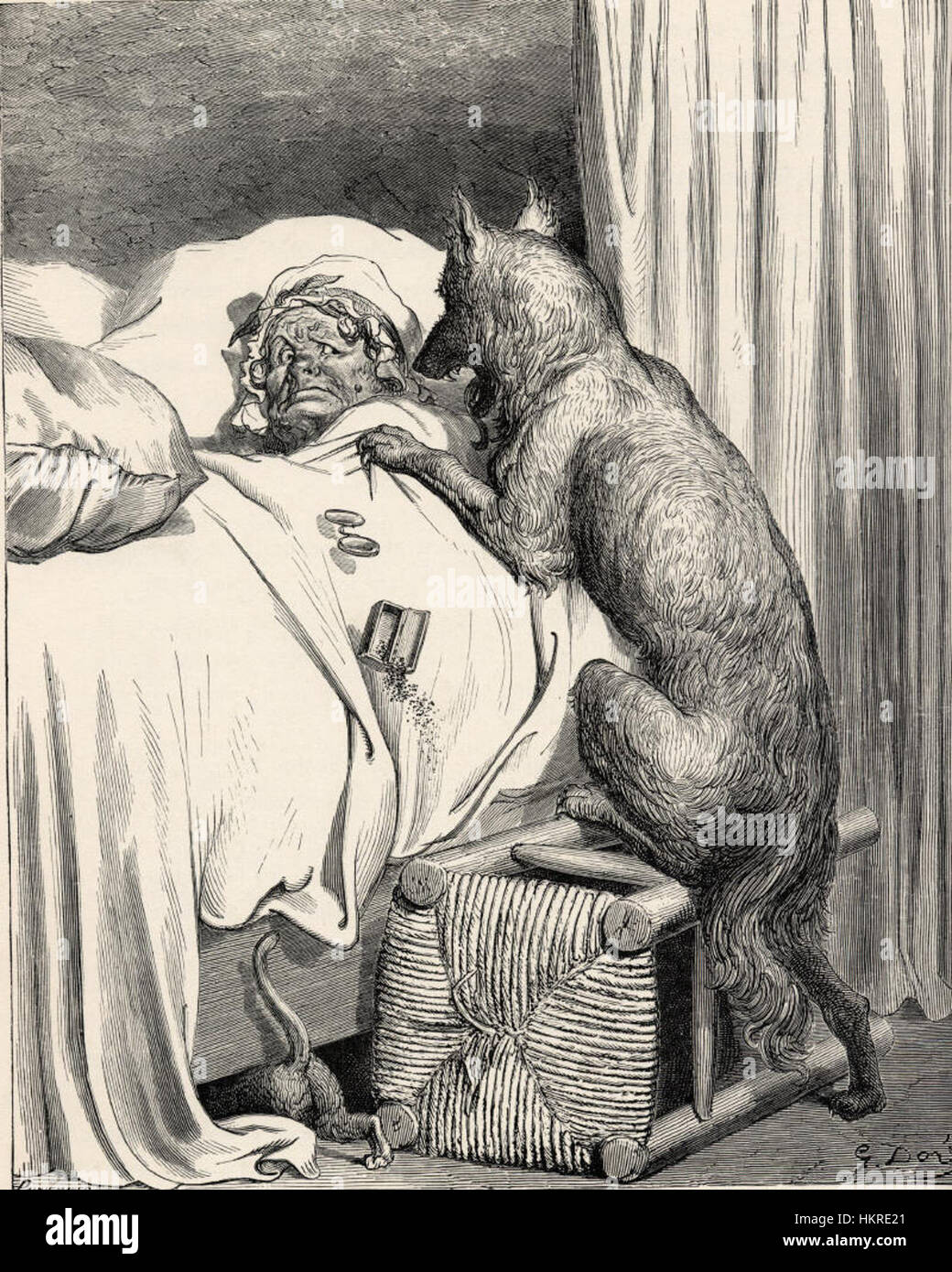 Questa opera d'arte, intitolata "Chaperon Rouge", raffigura una scena ispirata alla classica fiaba del Cappucccetto Rosso. Il dipinto cattura l'essenza della fiaba, raffigurando il personaggio centrale nel suo iconico cappuccio rosso, camminando attraverso la foresta. Foto Stock