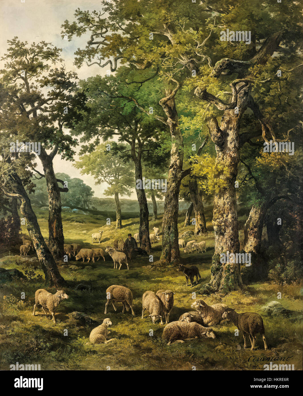 "Wald von Fontainebleau" di Charles-Ferdinand Ceramano è un incredibile dipinto di paesaggio che raffigura la foresta di Fontainebleau in Francia. Le opere d'arte catturano la bellezza naturale e la serenità della foresta, mostrando lo stile romantico francese dei primi anni del XIX secolo. Foto Stock