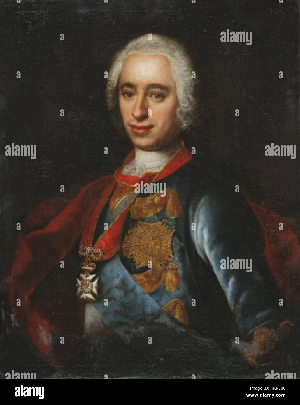 Questo dipinto raffigura Carlo Alessandro di Brandeburgo-Ansbach, evidenziando le caratteristiche aristocratiche e regali del suo abbigliamento e comportamento. L'opera riflette la sua posizione e il suo status all'interno della nobiltà europea del XVIII secolo. Foto Stock