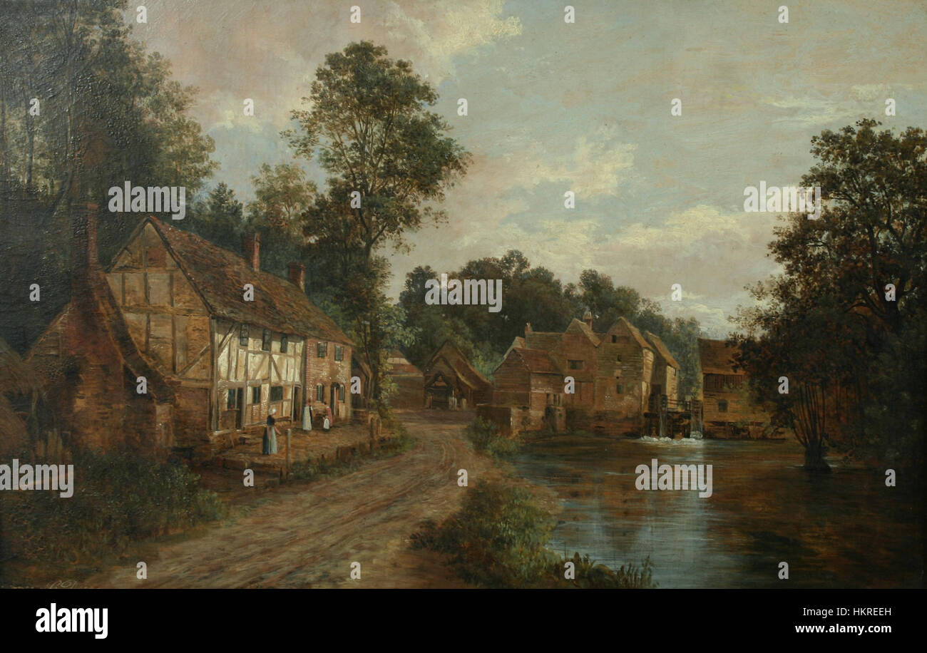 Il dipinto di Charles Deane sul mulino ad acqua del Tamigi riflette la bellezza dell'Inghilterra rurale, mettendo in evidenza l'architettura tradizionale e il tranquillo paesaggio del mulino ad acqua lungo il fiume Tamigi. Foto Stock