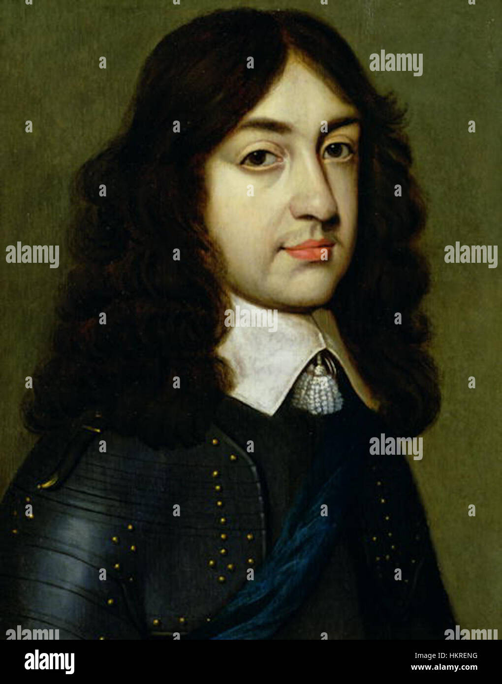 "Carlo II" di Gerrit van Honthorst è un ritratto regale che cattura il monarca britannico nel suo abbigliamento reale. Il dipinto evidenzia la maestria dell'artista nella luce e nell'ombra. Foto Stock