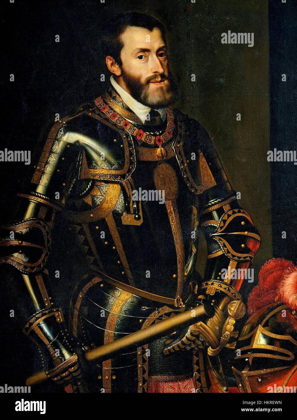 Questo dipinto di Carlo i di Spagna ritrae il monarca in abito regale, enfatizzando il suo potere e la sua autorità durante il suo regno. Carlo i fu una figura chiave nella storia europea, in particolare in Spagna e nel Sacro Romano Impero. Foto Stock