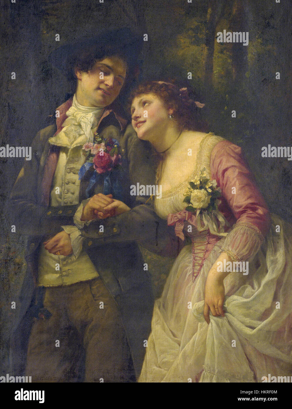 "The Betrothed" di Charles Louis Lucien Muller è un dipinto del XIX secolo che raffigura una coppia in un momento di fidanzamento. Il dipinto cattura l'intensità emotiva e l'eleganza formale del tempo, evidenziando le ricche tradizioni culturali e le norme sociali che circondano il matrimonio durante il periodo. Foto Stock