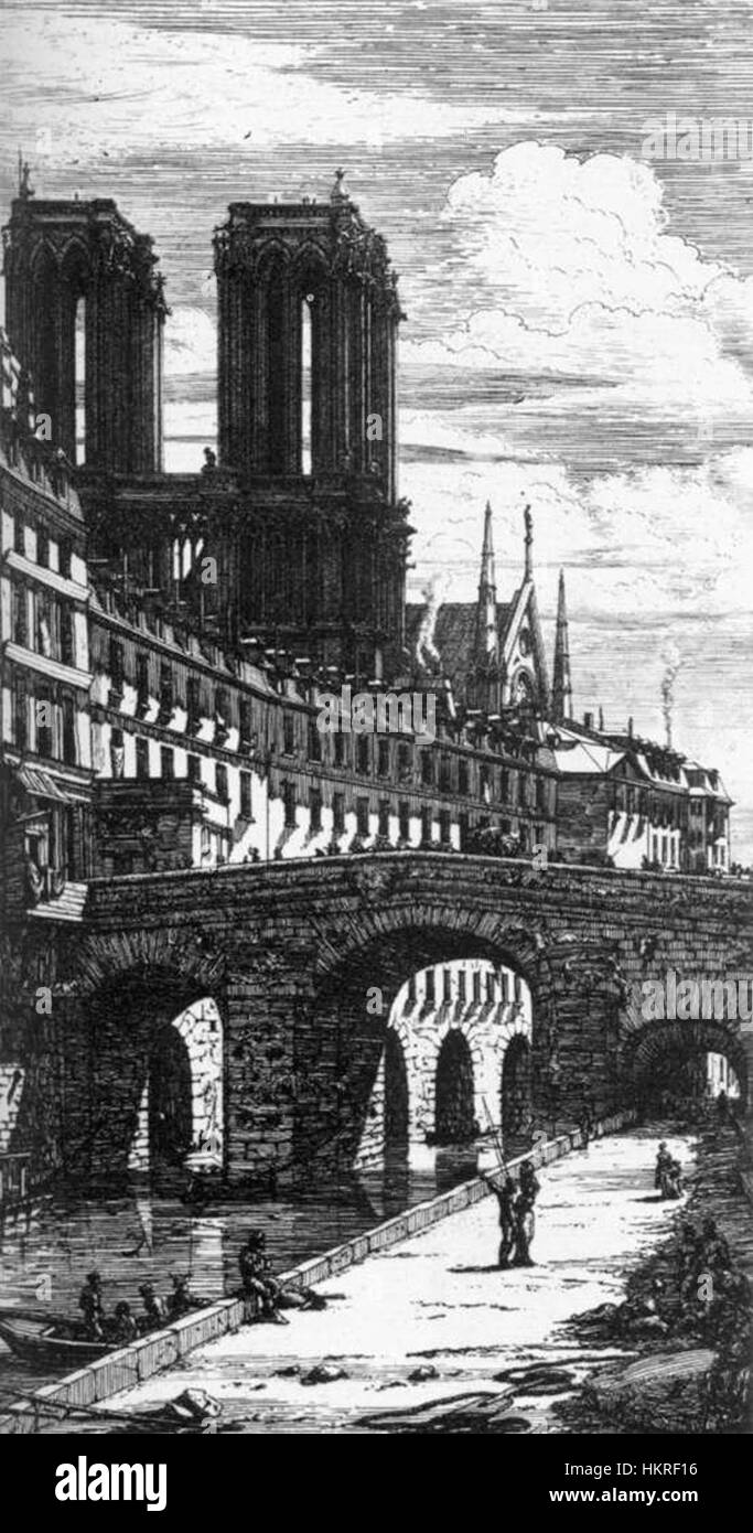"Il Petit Pont" di Charles Meryon è un'incisione dettagliata che mostra il famoso ponte di Parigi. Il lavoro dimostra la maestria di Meryon nella linea e nella consistenza, nonché la sua capacità di catturare l'atmosfera della Parigi del XIX secolo attraverso paesaggi intricati e drammatici. Foto Stock