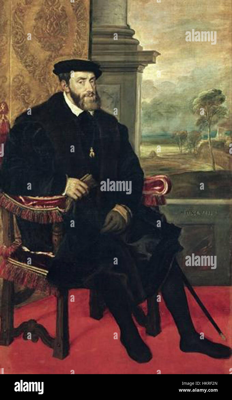 Questo dipinto ad olio di Tiziano, raffigurante Carlo V, imperatore del Sacro Romano Impero, mostra la grandezza imperiale e l'autorità di uno dei monarchi più potenti d'Europa nel XVI secolo. Foto Stock