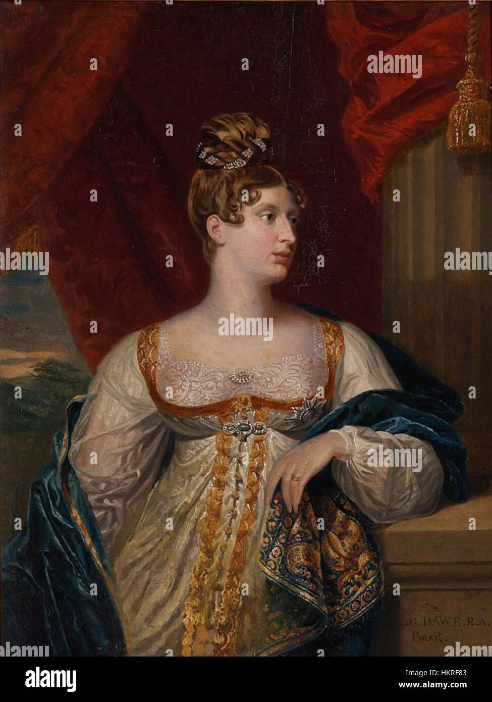 Il ritratto di Charlotte Augusta del Galles, dipinto all'inizio del XIX secolo, cattura la grazia e la bellezza del giovane reale. Riflette il suo status di figlia del principe reggente e l'influenza della ritrattistica reale del tempo. Foto Stock