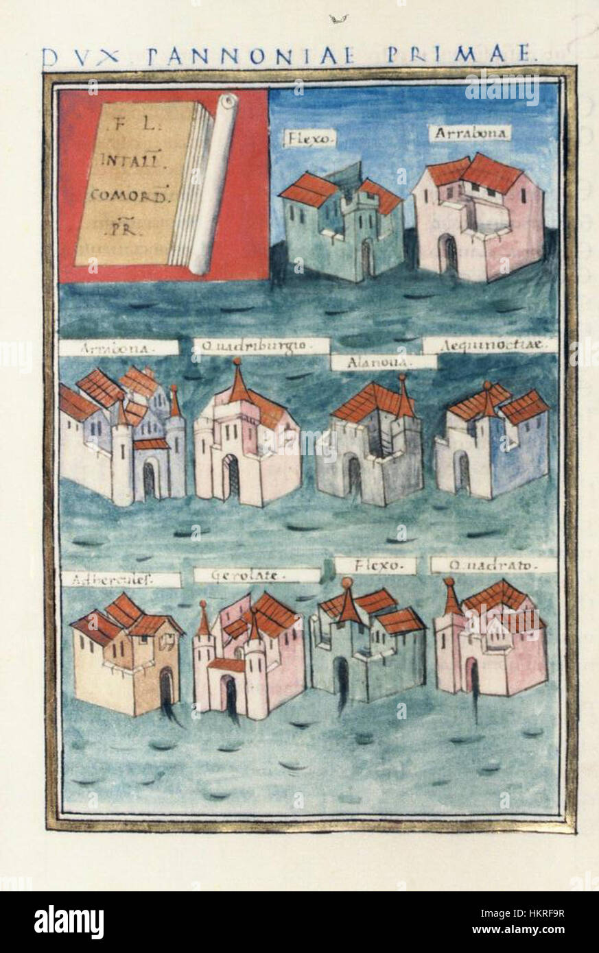 Questa opera d'arte delle biblioteche bodleiane illustra l'area di Dux Pannoniae e Norici Ripensis, raffigurando l'antica geografia e l'insediamento di queste regioni storiche in Europa. Foto Stock