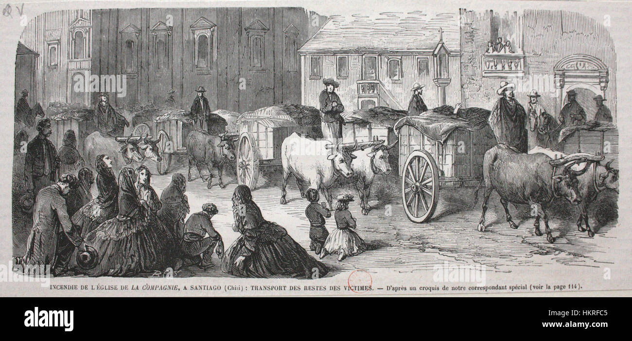Questo dipinto di Ernest Charton raffigura il trasporto dei resti delle vittime dopo l'incendio nella Chiesa della compagnia a Santiago. La serie cattura le conseguenze del tragico evento. Foto Stock