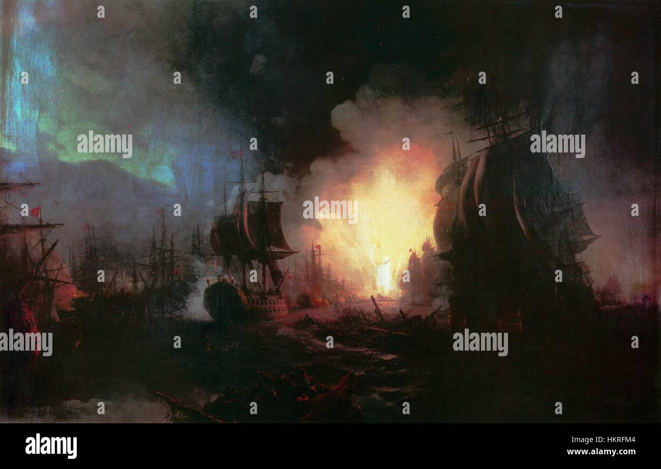 Questo dipinto del 1886 intitolato "Chesma Battle" raffigura la battaglia navale di Chesma, avvenuta durante la guerra russo-turca. Il dipinto cattura l'intensità della guerra navale nel XVIII secolo, illustrando l'importanza strategica della battaglia. Foto Stock