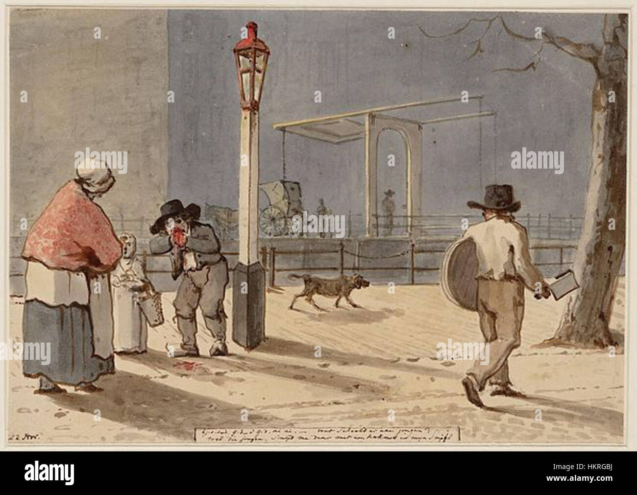"Een jongen op straat aangevallen door een slagersjongen met een hakmes" di Christiaan Andriessen illustra un momento drammatico in una scena di strada, catturando l'intensità di un attacco da parte di un macellaio con una clessidra. Il dipinto mette in evidenza sia le dinamiche sociali che le dure realtà del tempo. Foto Stock