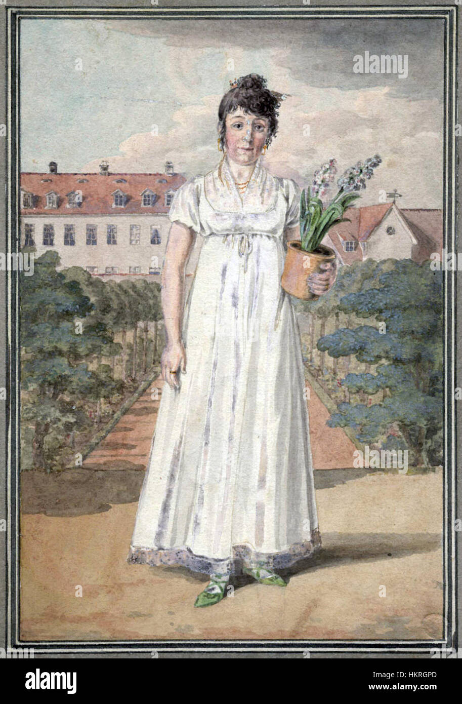 Questo ritratto ad olio di Christine Wilhelmine Auguste Geissler, dipinto da un artista sconosciuto, riflette la moda e lo stile di ritrattistica del XIX secolo. Il dipinto mostra la raffinata eleganza di una donna di spicco del periodo. Foto Stock