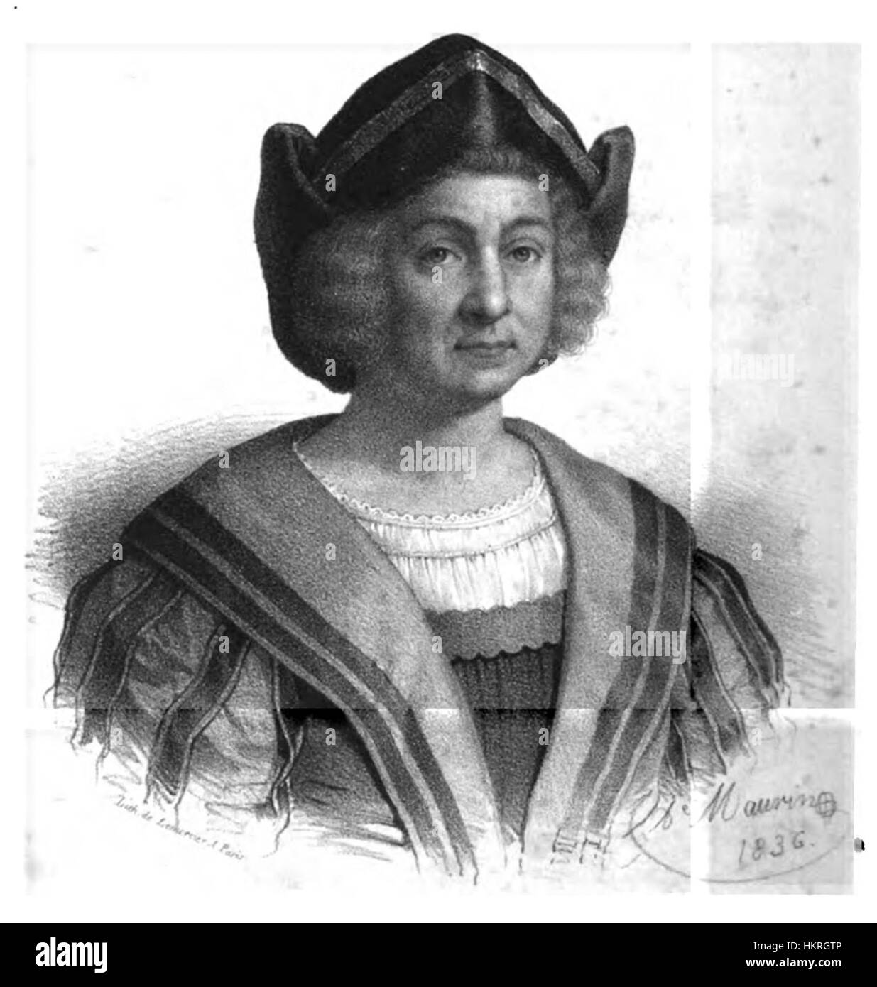 Questo ritratto di Cristoforo Colombo di Antoine Maurin cattura la somiglianza dell'esploratore in uno stile neoclassico. Colombo è raffigurato con un'espressione solenne, che riflette il suo ruolo nell'era dell'esplorazione e nei suoi viaggi nelle Americhe. Foto Stock