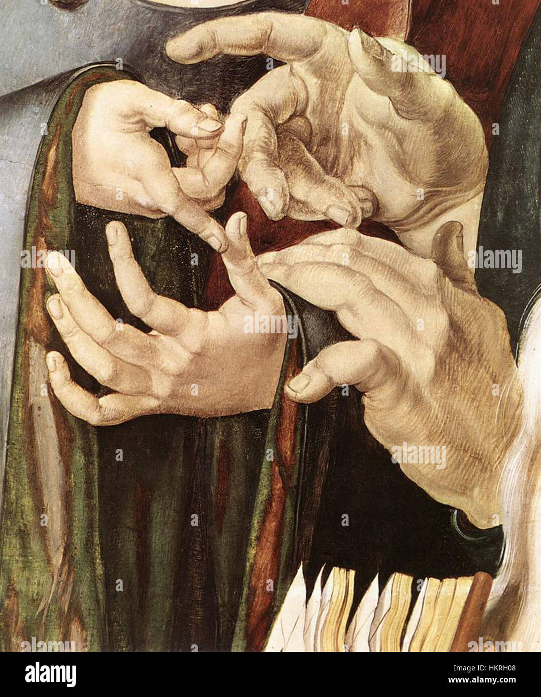 Questa opera d'arte, "Cristo tra i medici", raffigura un Cristo giovane impegnato in conversazione con gli studiosi del Tempio, come descritto nella Bibbia. L'opera esemplifica l'arte religiosa del periodo rinascimentale, mostrando dettagli intricati e l'interpretazione dell'artista della scena biblica. Foto Stock