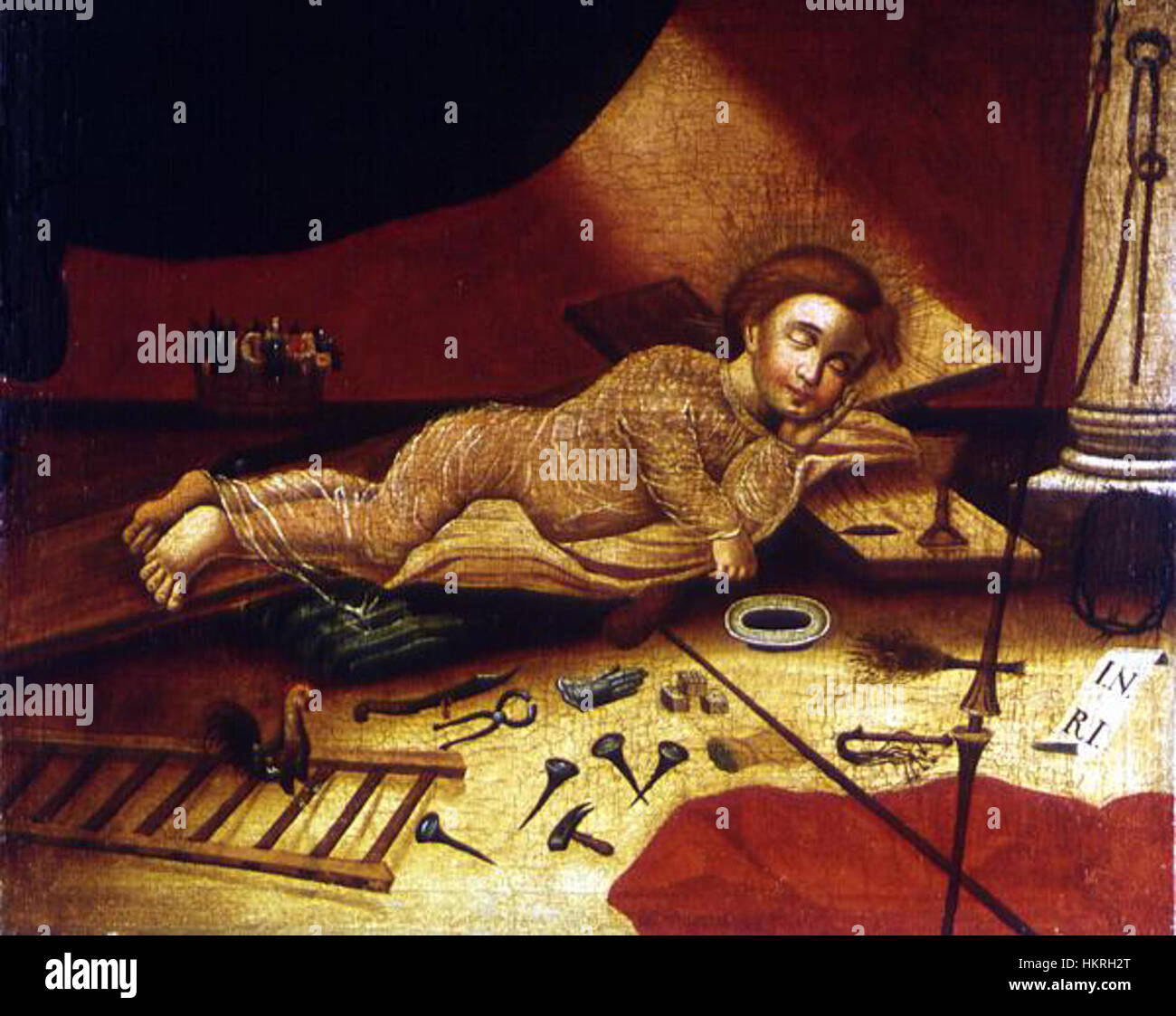 "Cristo che dorme con gli attributi della passione" è un'opera religiosa che ritrae Cristo in un momento sereno e contemplativo. Il dipinto incorpora i simboli della passione di Cristo, creando un pezzo profondamente simbolico di arte sacra. Foto Stock