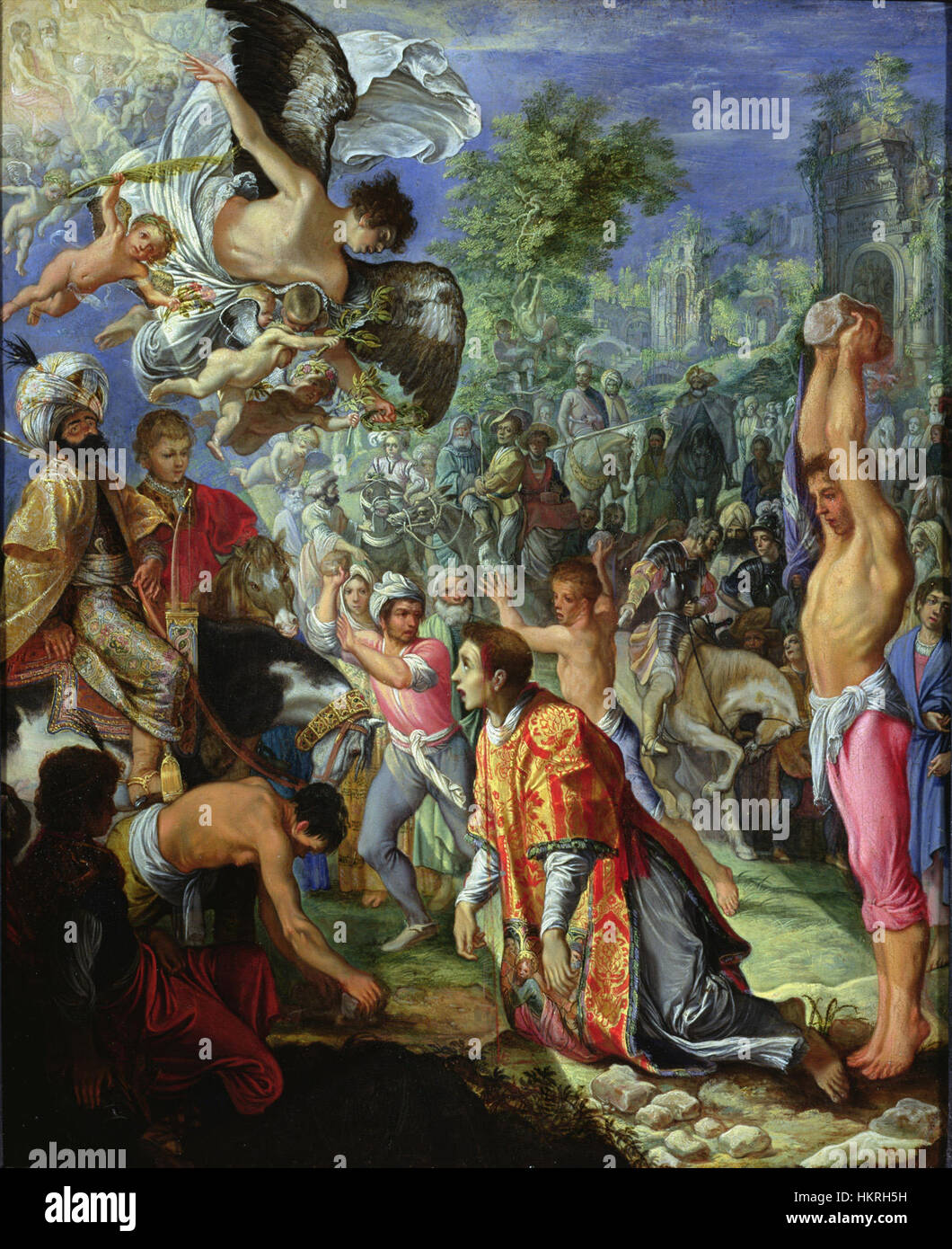 Il dipinto di Adam Elsheimer "la lapidazione di Stefano" raffigura il martirio di Santo Stefano, il primo martire cristiano. La scena ritrae l'intensità emotiva dell'evento, con Stephen circondato da una folla e una luce divina che splende su di lui. Foto Stock