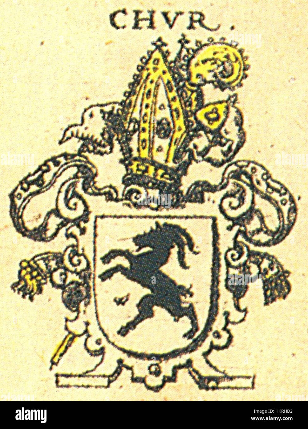 Questo stemma della diocesi di Coira mostra i simboli araldici che rappresentano il patrimonio ecclesiastico della regione. Lo stemma è caratterizzato da dettagli intricati e dal tradizionale design araldico, che riflette la ricca storia della regione. Foto Stock