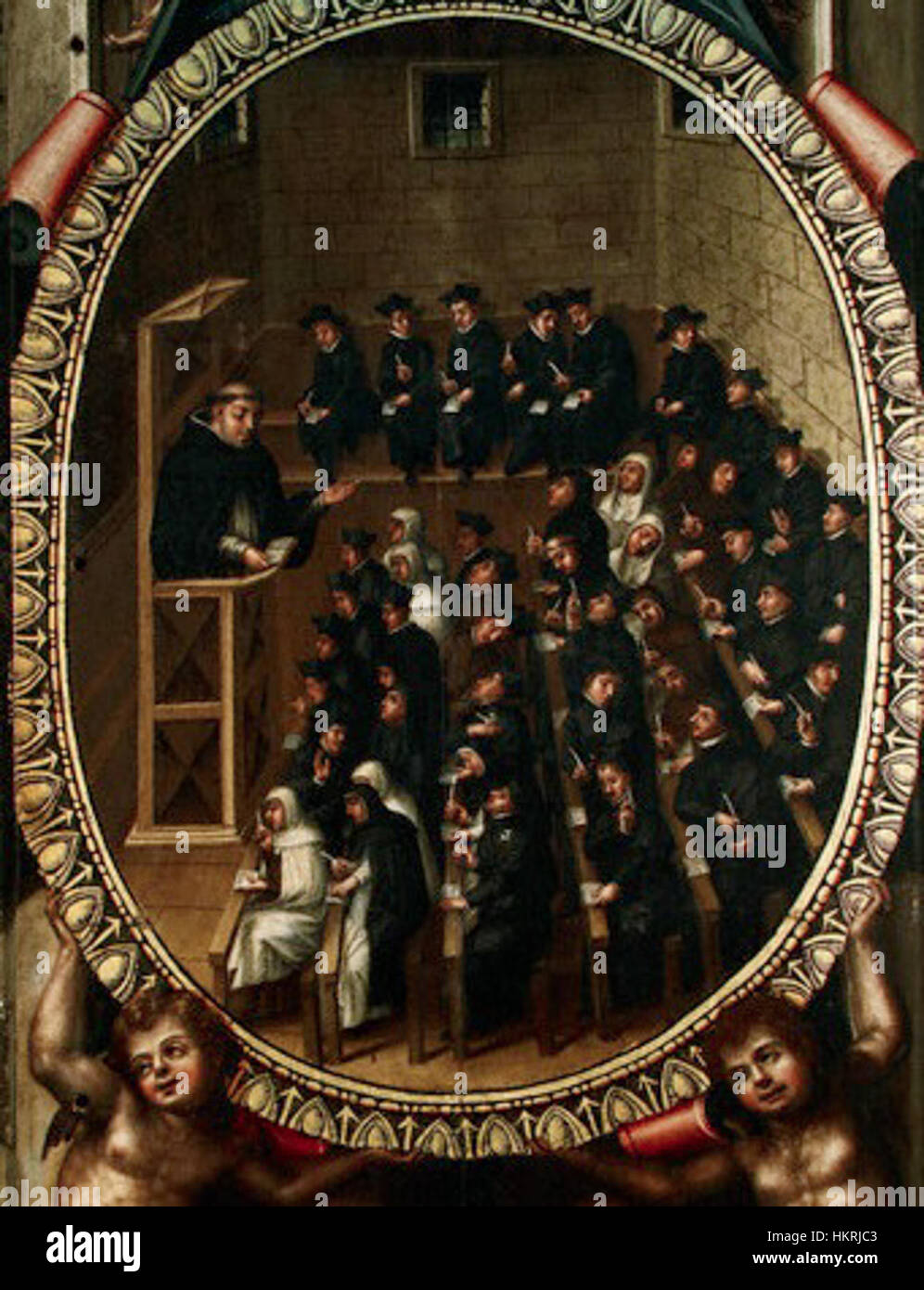 *Classe a Salamanca* di Martin de Cervera raffigura una sala conferenze presso l'Università di Salamanca in Spagna, catturando l'ambiente educativo durante l'età d'oro spagnola. L'opera d'arte mette in risalto l'ambiente culturale e intellettuale dell'Europa meridionale durante il periodo. Foto Stock