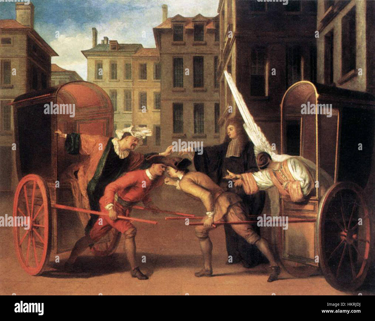 "I due allenatori" di Claude Gillot cattura una scena dinamica di allenatori, attirati con grande attenzione ai dettagli. Il dipinto riflette la capacità dell'artista di rappresentare il movimento e il carattere, mostrando anche l'abbigliamento alla moda del XVIII secolo e le eleganti carrozze trainate da cavalli. Foto Stock