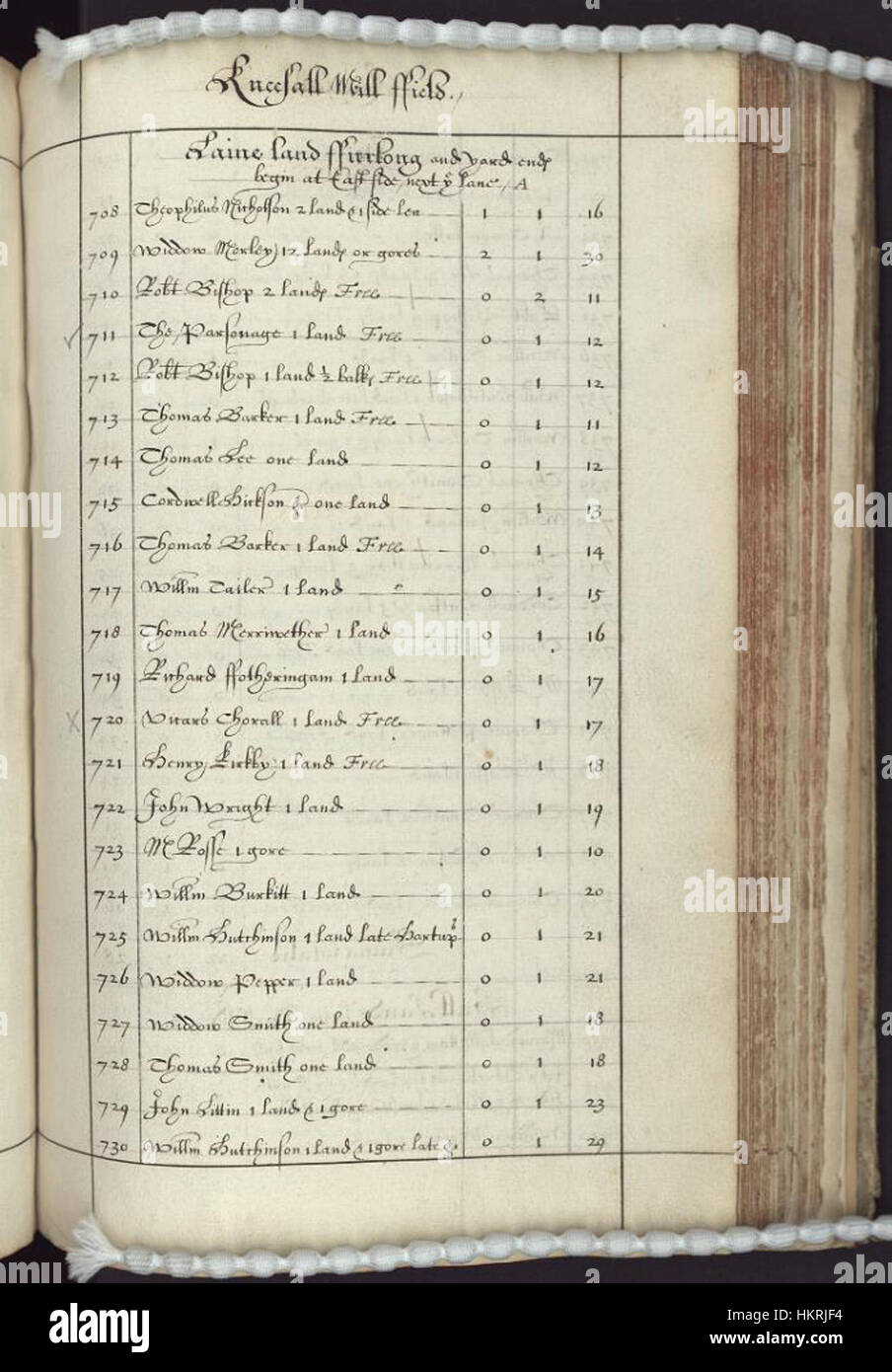 Questa immagine è una pagina del "Booke of Survaye", un documento storico che descrive in dettaglio il maniero e la signoria di Laxton nel Nottinghamshire. Il documento fornisce informazioni sulla proprietà terriera inglese medievale e sulla governance territoriale. Foto Stock