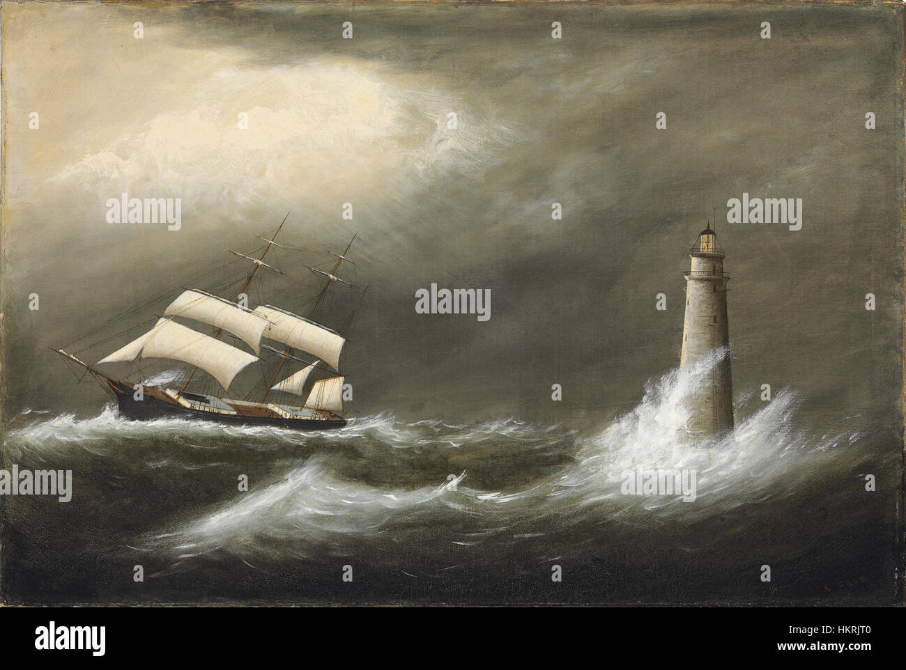 Il dipinto di Clement Drew ritrae una nave che passa accanto a Minot's Light, un famoso faro al largo della costa del Massachusetts. Il dipinto cattura sia il movimento della nave che la presenza incombente del faro. Foto Stock