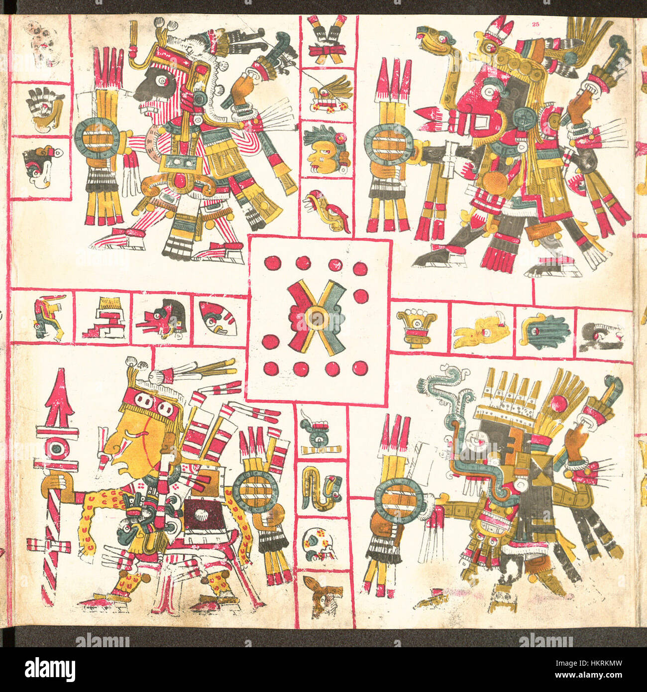 La pagina 25 del Codex Borgia fa parte di un antico manoscritto messicano, noto per le sue intricate illustrazioni. Il codice contiene importanti raffigurazioni di rituali aztechi, dei e pratiche religiose, offrendo una visione della cultura mesoamericana precolombiana. Foto Stock