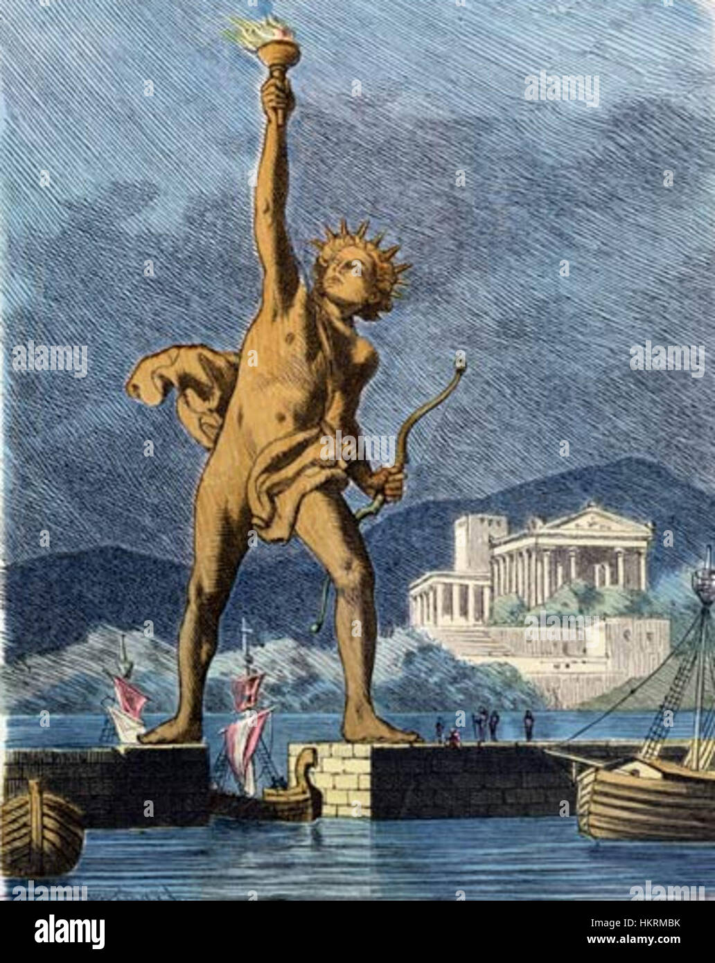 Una riproduzione ritagliata del dipinto del 1886 di Ferdinand Knab del colosso di Rodi, raffigurante l'antica statua nel Mar Egeo. L'opera d'arte mette in risalto la scala monumentale e il significato storico della statua. Foto Stock