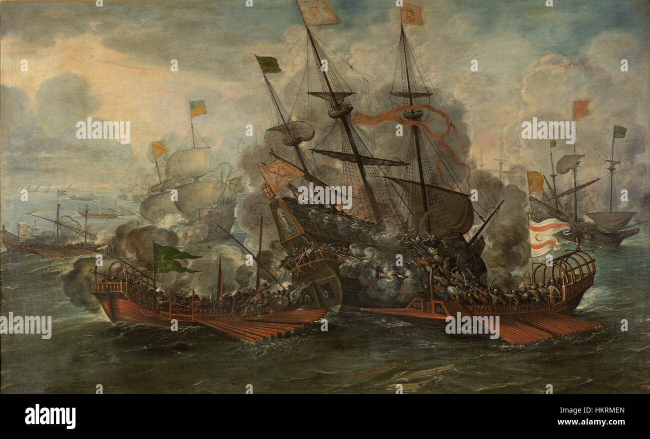 Il «Combate Naval» di Juan de la Corte raffigura una drammatica battaglia navale del secolo d’oro spagnolo. Il dipinto cattura l'intensità della guerra navale durante il XVII secolo, mostrando le navi spagnole impegnate in combattimento in mare. Foto Stock