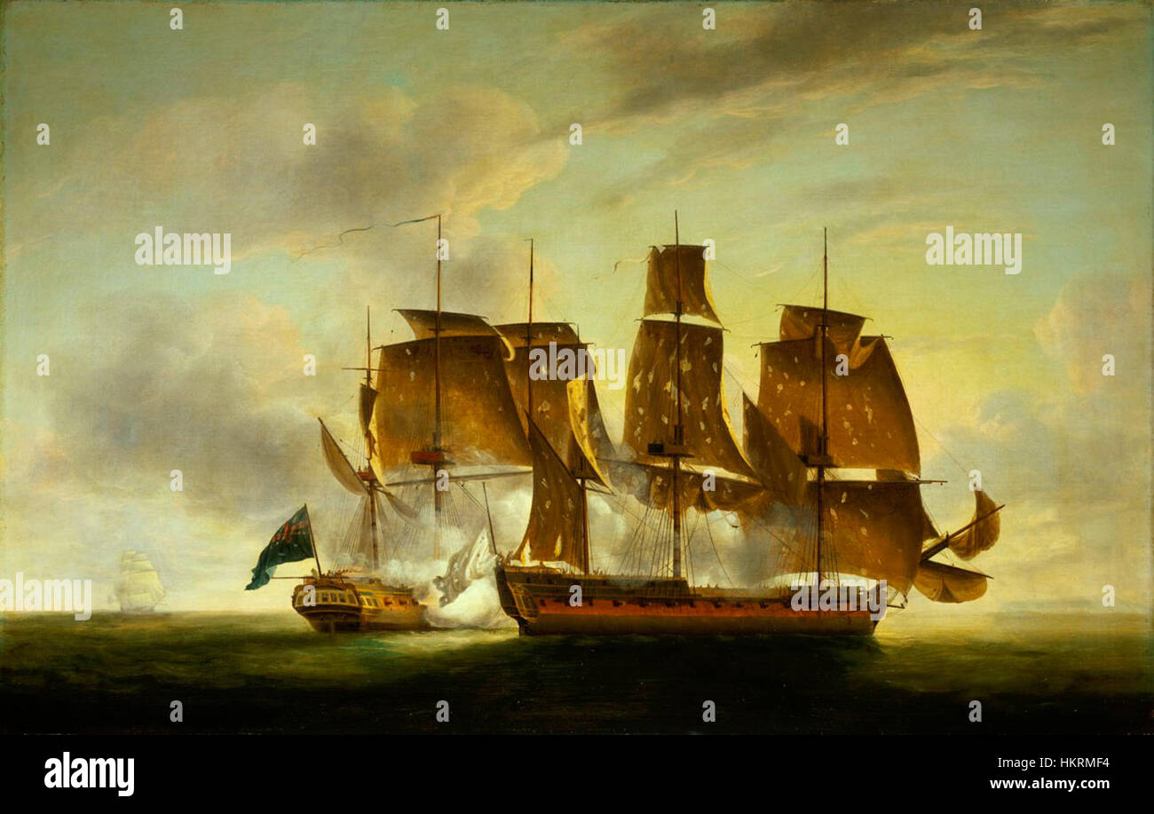 Questo dipinto raffigura la battaglia navale tra la fregata francese "Amazone" e la nave britannica "HMS Santa Margarita" nel luglio 1782. La battaglia fu parte dei più grandi conflitti navali durante la Rivoluzione americana, mostrando la guerra marittima dell'epoca. Foto Stock
