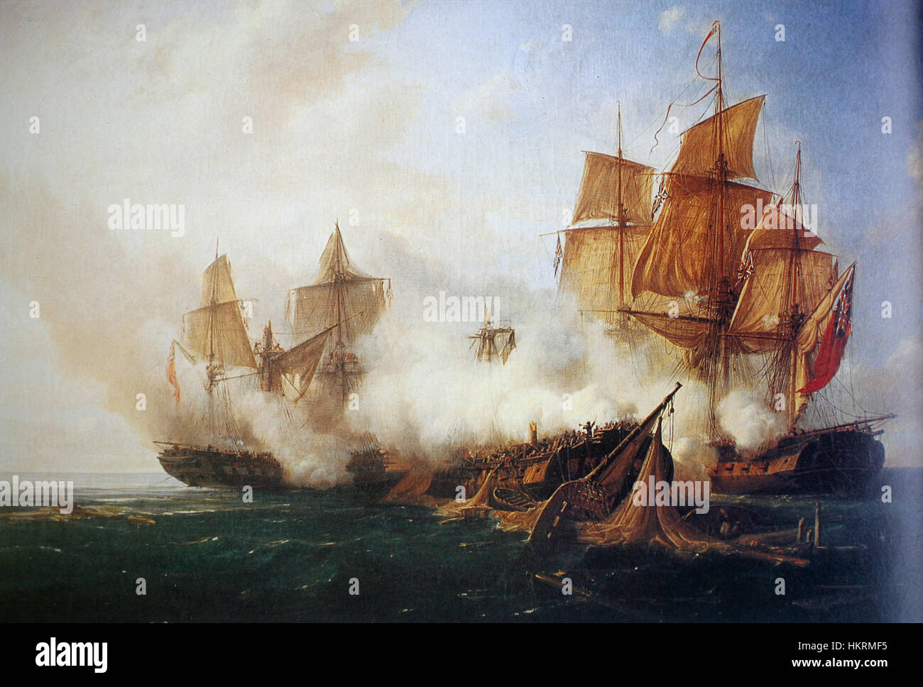 Questo dipinto, 'Combat de la Pomone', ritrae una battaglia navale tra la nave da guerra francese Pomone e la nave britannica, raffigurante l'intensità e il significato storico della guerra navale durante l'inizio del XIX secolo. Foto Stock