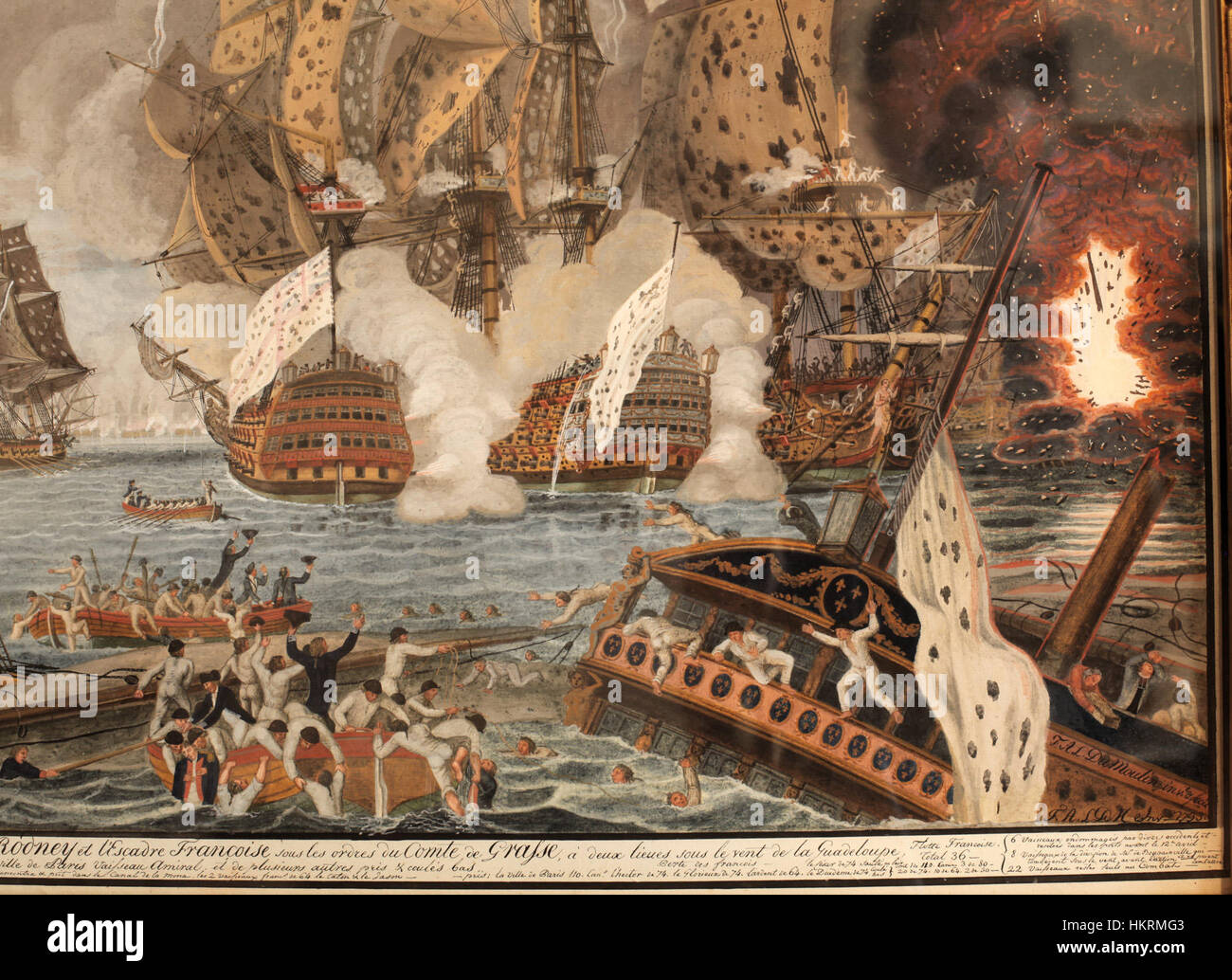 Questo dipinto di battaglia navale del 1782 di Dumoulin raffigura uno scontro navale fondamentale durante la rivoluzione americana. La battaglia, che ebbe luogo nell'aprile del 1782, fu parte del più ampio conflitto tra Francia e Gran Bretagna. L'opera d'arte cattura l'intensità del combattimento navale, concentrandosi sulle manovre strategiche e l'atmosfera drammatica della battaglia, offrendo uno sguardo sulla guerra marittima della fine del XVIII secolo. Foto Stock