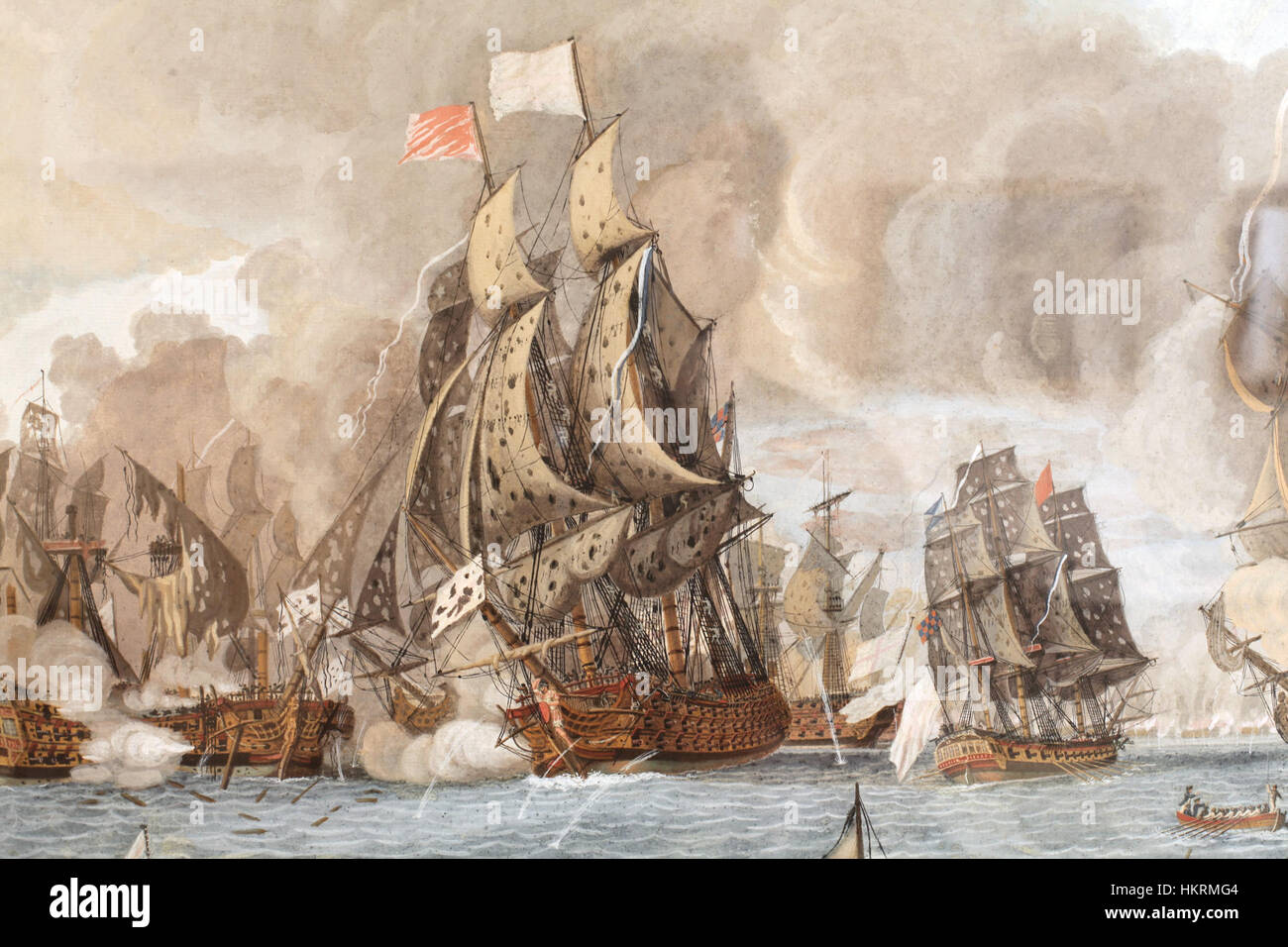 Questo dipinto storico di Dumoulin raffigura il combattimento navale del 12 aprile 1782, durante la rivoluzione americana, mettendo in evidenza la guerra marittima. Foto Stock