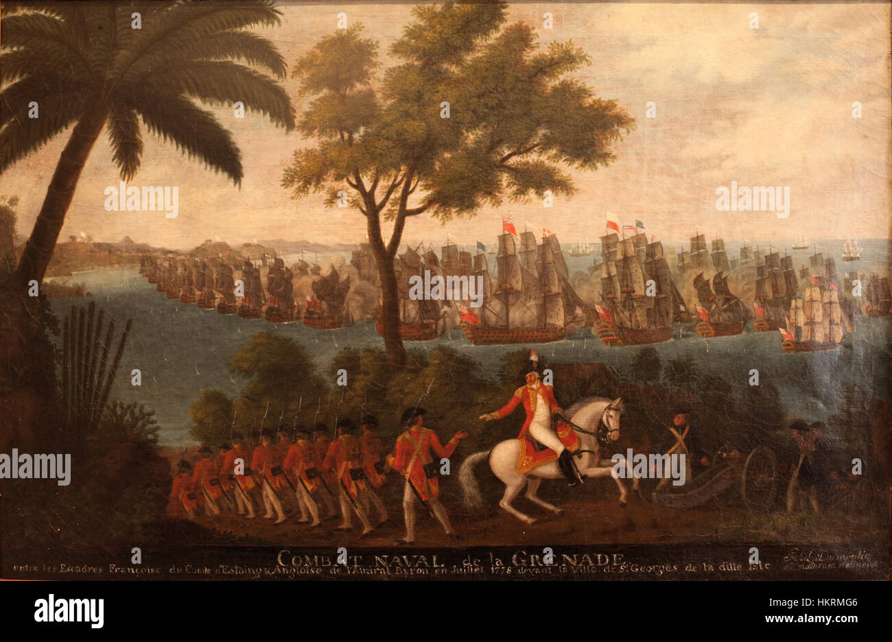 "Combat Naval de la Grenade" di Dumoulin raffigura una scena di battaglia navale. Il dipinto illustra lo storico scontro tra le forze navali, riflettendo le tattiche militari e la guerra navale dell'epoca. Foto Stock