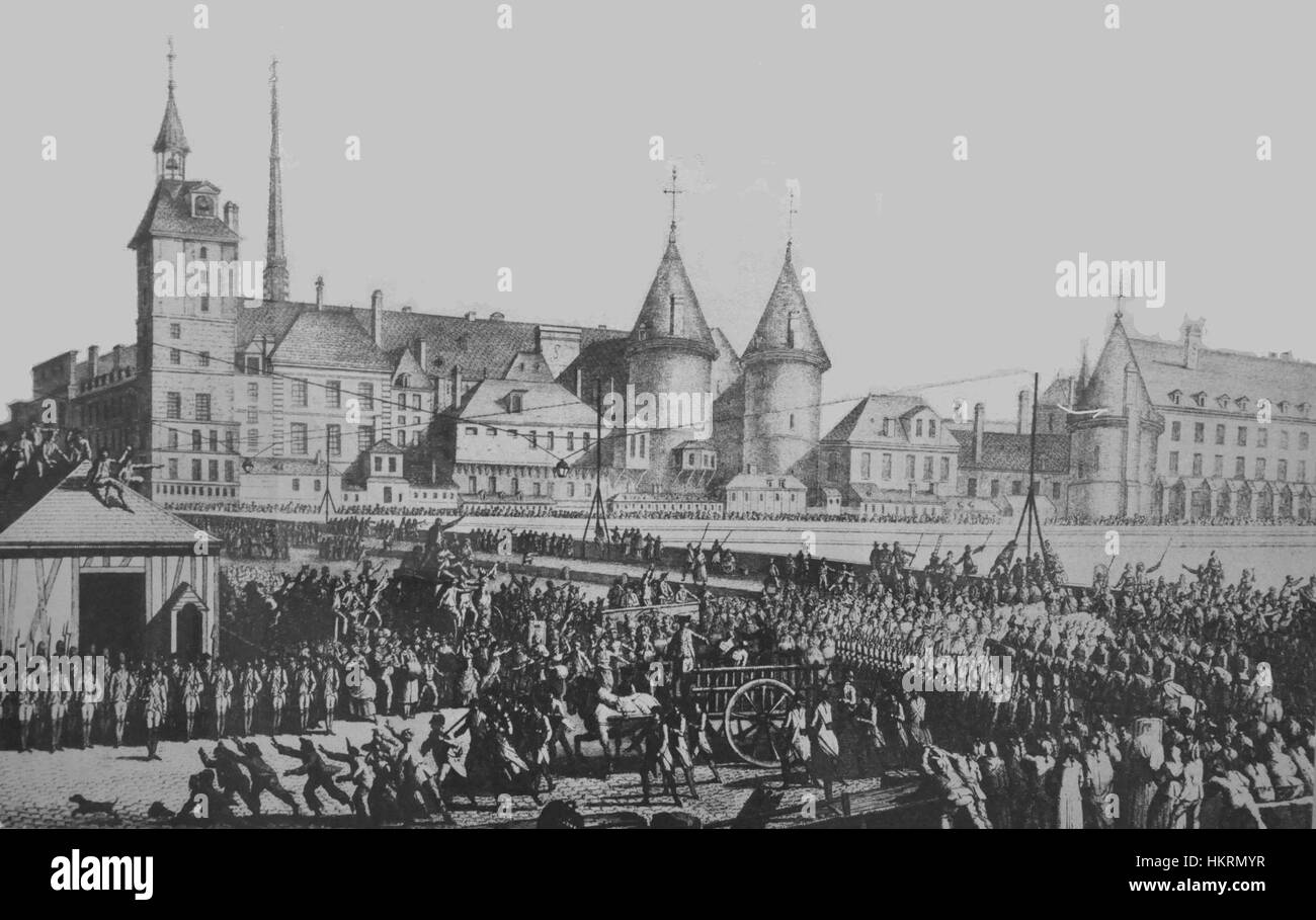Una rappresentazione della Conciergerie a Parigi intorno al 1790, durante il suo uso come prigione rivoluzionaria. Questo edificio storico giocò un ruolo significativo nella Rivoluzione francese, ospitando importanti prigionieri come Maria Antonietta. L'opera d'arte cattura le sue caratteristiche architettoniche e l'atmosfera tumultuosa dell'epoca. Foto Stock