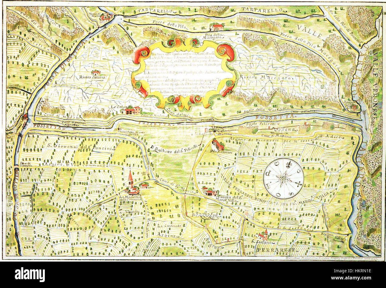 Questo dipinto illustra il confine tra le regioni italiane di Mantovano e Ferrarese. Offre una vista storica del paesaggio, mettendo in risalto la divisione geografica e le caratteristiche naturali che caratterizzano questa zona nel nord Italia. Foto Stock