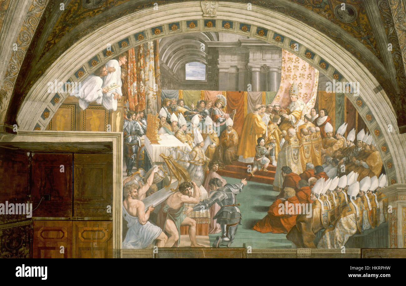 L'incoronazione di Carlo Magno è un momento iconico della storia medievale europea, che segna il momento in cui Carlo Magno fu incoronato Imperatore del Sacro Romano Impero. Il dipinto rappresenta questo evento storico fondamentale e il suo significato per la politica europea e la vita religiosa nel Medioevo. Foto Stock