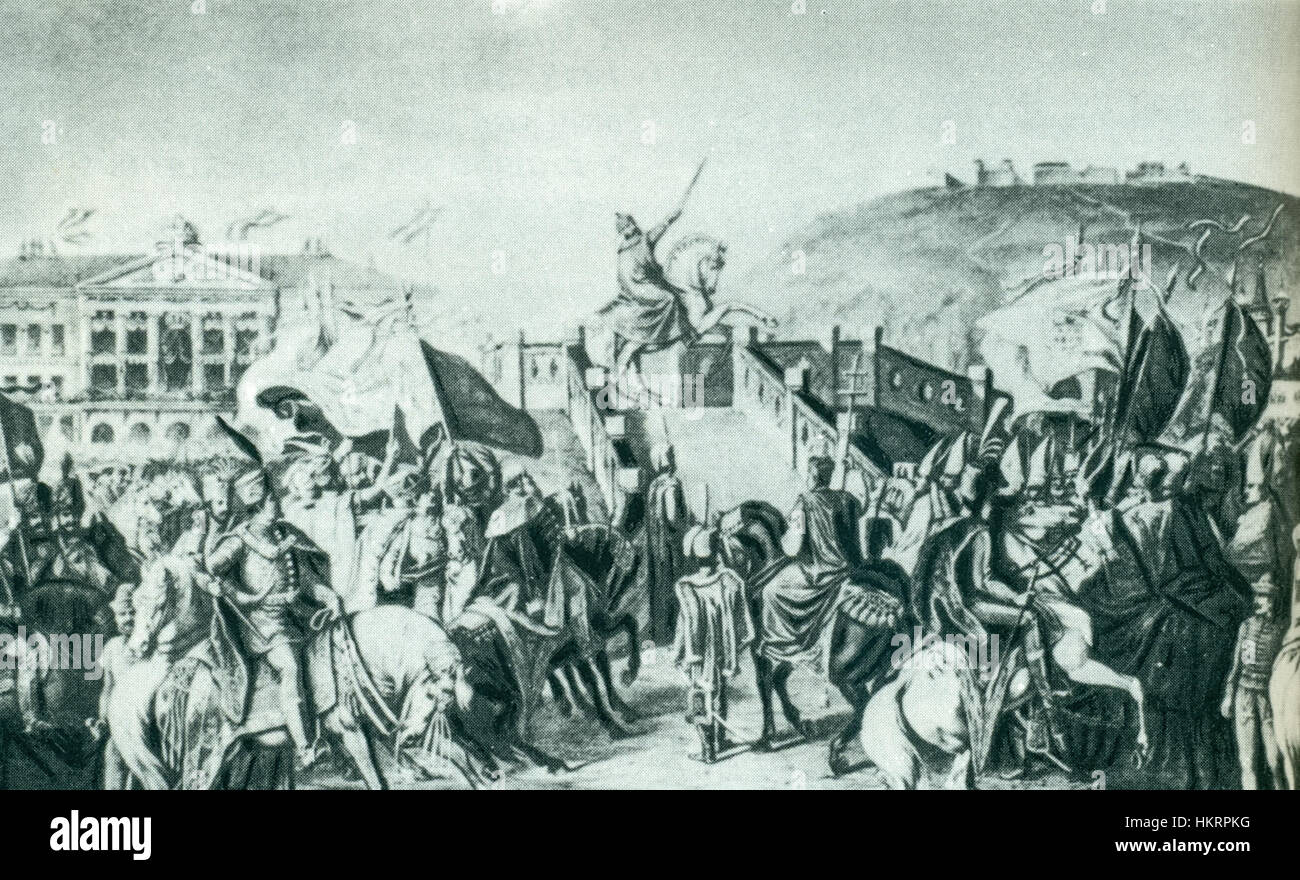 L'opera illustra l'incoronazione di Francesco Giuseppe i sulla collina dell'incoronazione a Presburg, catturando i colpi di spada cerimoniali che simboleggiano la sua ascesa al trono d'Ungheria. Il dipinto commemora questo evento chiave della storia ungherese e austriaca. Foto Stock